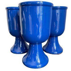 MammaRo Italian Ceramic Pedestal Drinking Goblets Bar Set Of 3 Blue